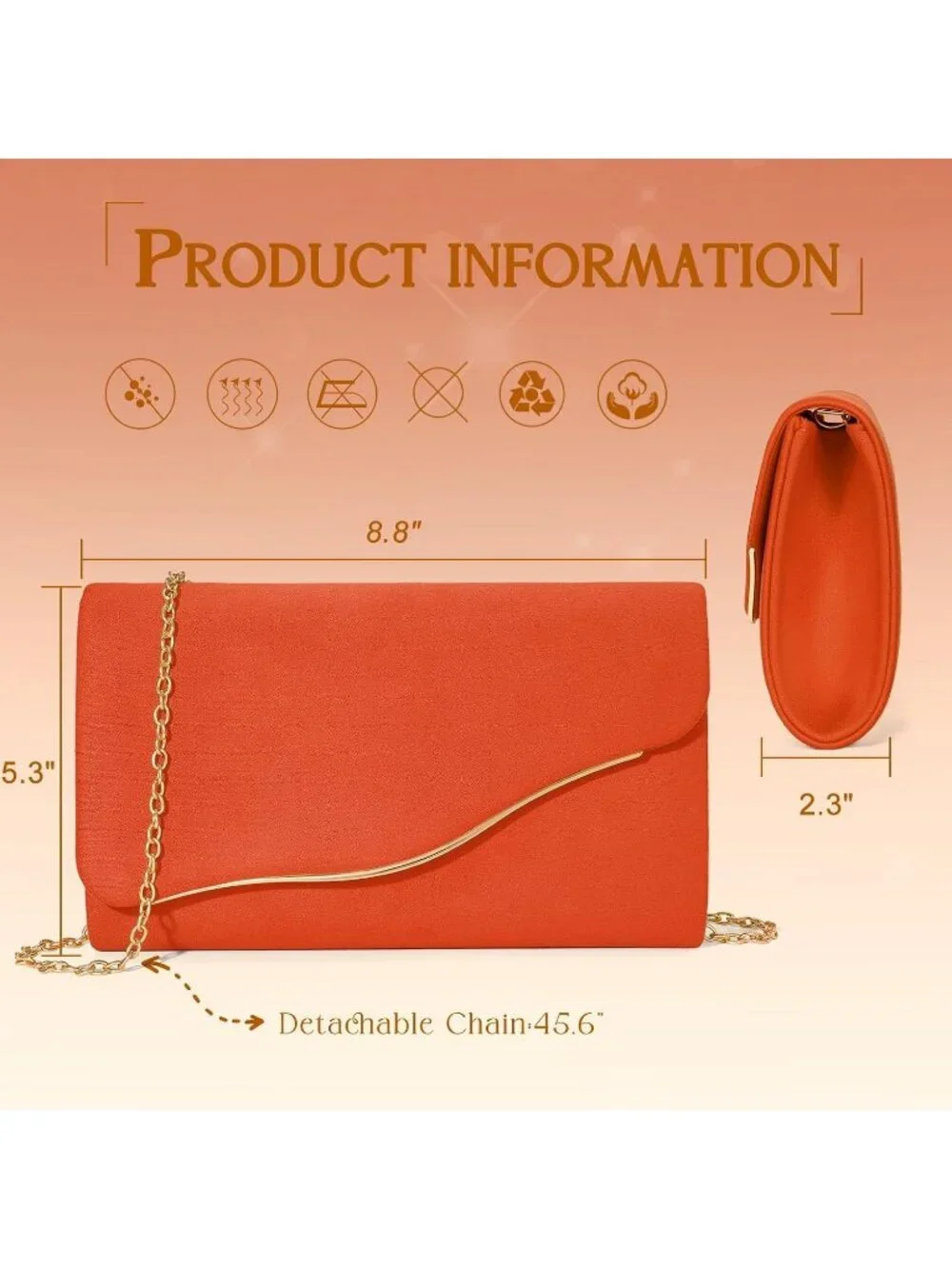 Women’s Orange Formal Clutch Purse Elegant Evening Bag Detachable Chain Strap
